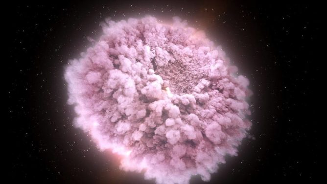 Художники смоделировали взрыв от столкновения двух нейтронных звезд